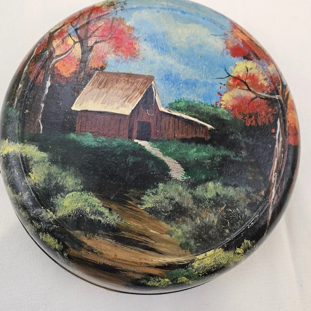 Vintage Hand Painted Cast Iron Skillet Barn Landscape Folk Art‎ Sara Wolak 1994